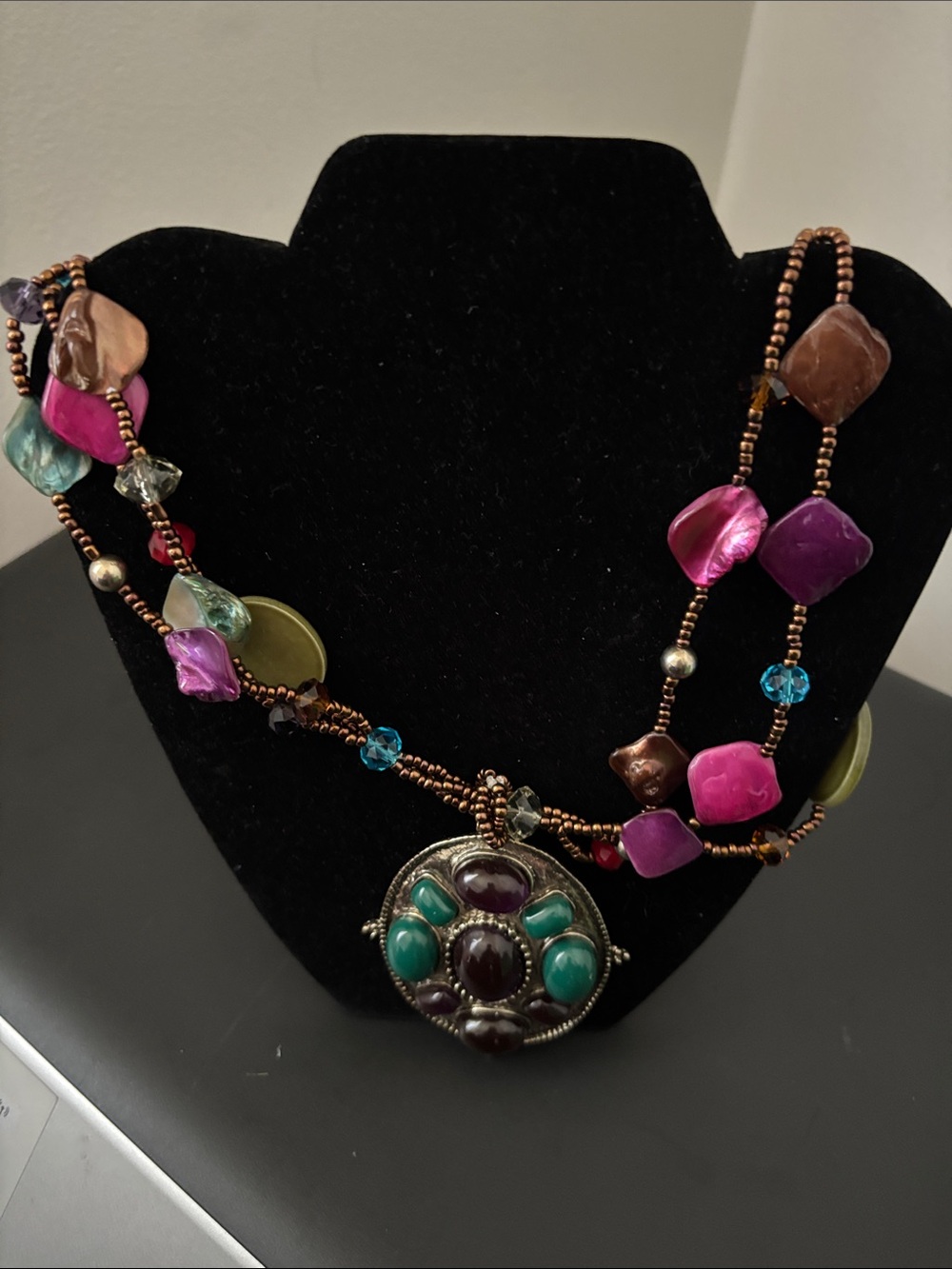 Erica Lyons Pink, Purple & Teal Beaded Pendant Necklace